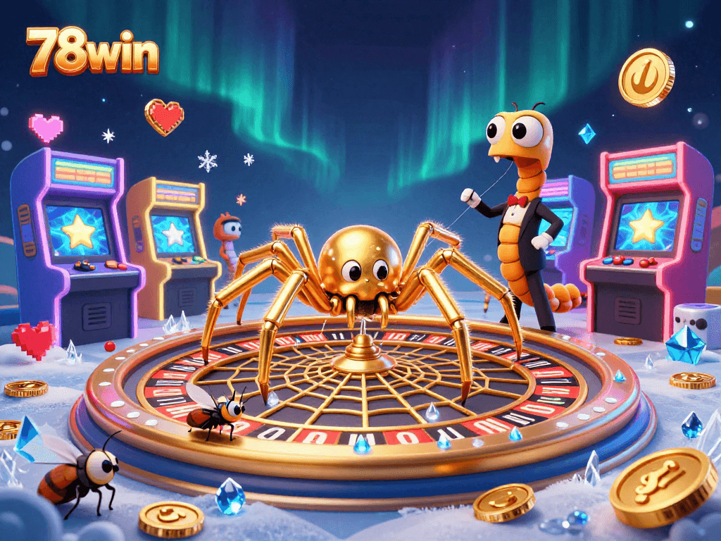 Engage in vibrant casino action as 78win spins the roulette wheel with animated characters.