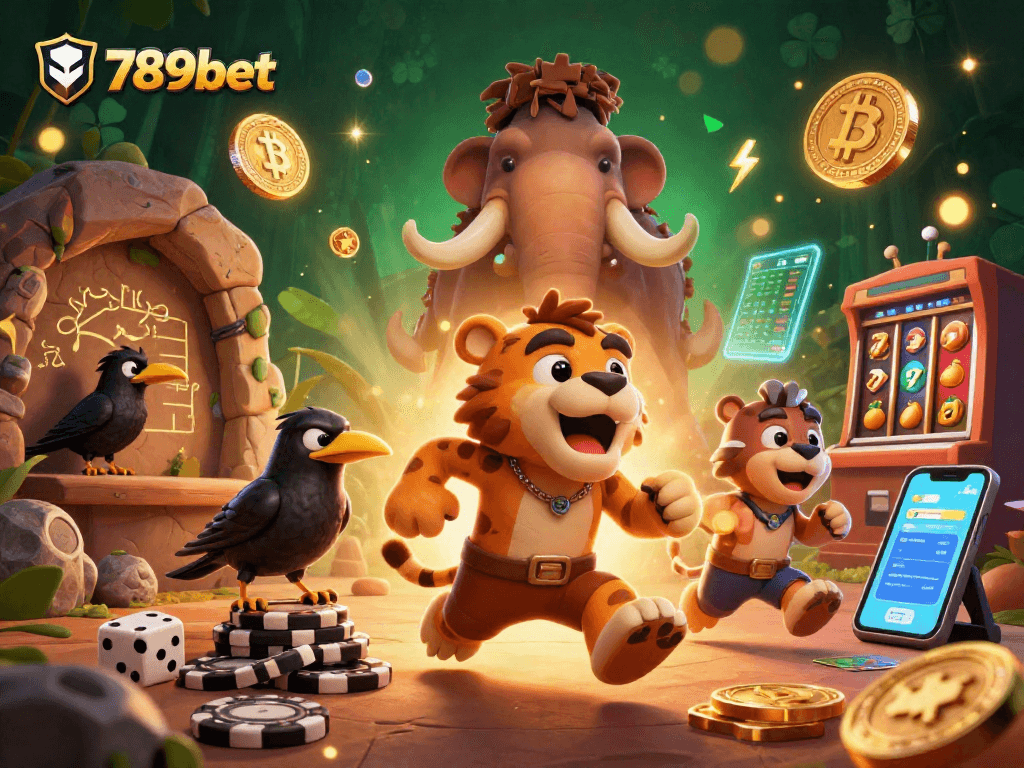 Play slots at 789bet with cartoon caveman and tiger duo in a prehistoric casino scene.