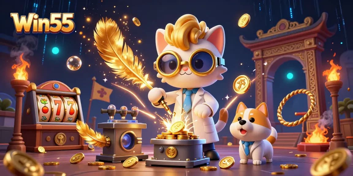 Win55 celebrates fun in gaming with a mad scientist cat and loyal dog in a vibrant casino scene.