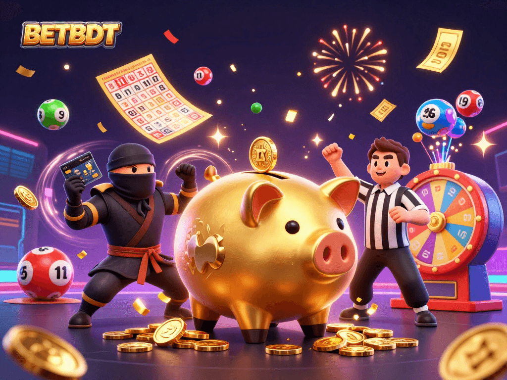 Experience dynamic gaming with BETBDT, featuring a golden piggy bank sumo wrestler and thrilling casino elements.