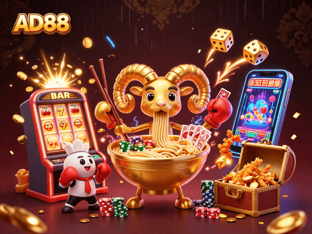 AD88 celebrates a dynamic casino atmosphere with colorful characters and exciting game elements.