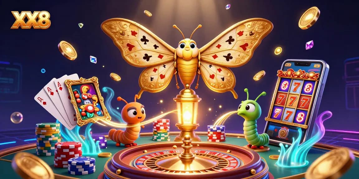 Experience the thrilling XX8 gaming scene with vibrant casino visuals and flying treasures.