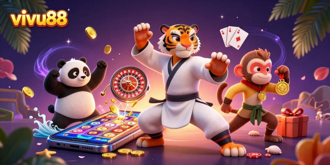 Experience the excitement of vivu88 with an engaging scene of characters amidst vibrant casino games and rewards.
