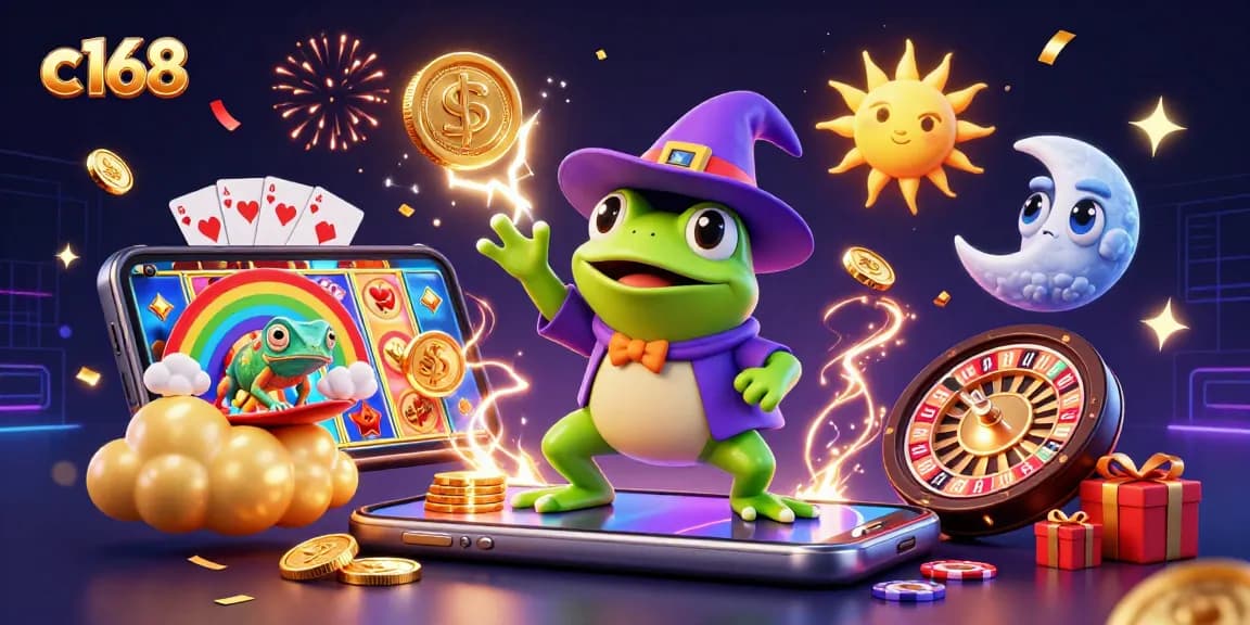 C168 features a weather wizard frog creating a storm of coins amidst casino games.