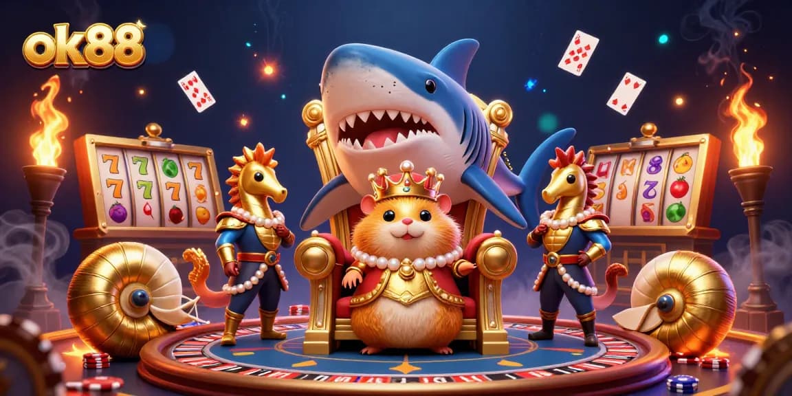 Engage with the vibrant ok88 casino atmosphere featuring a fierce hamster king amidst sparkling slot and roulette elements.