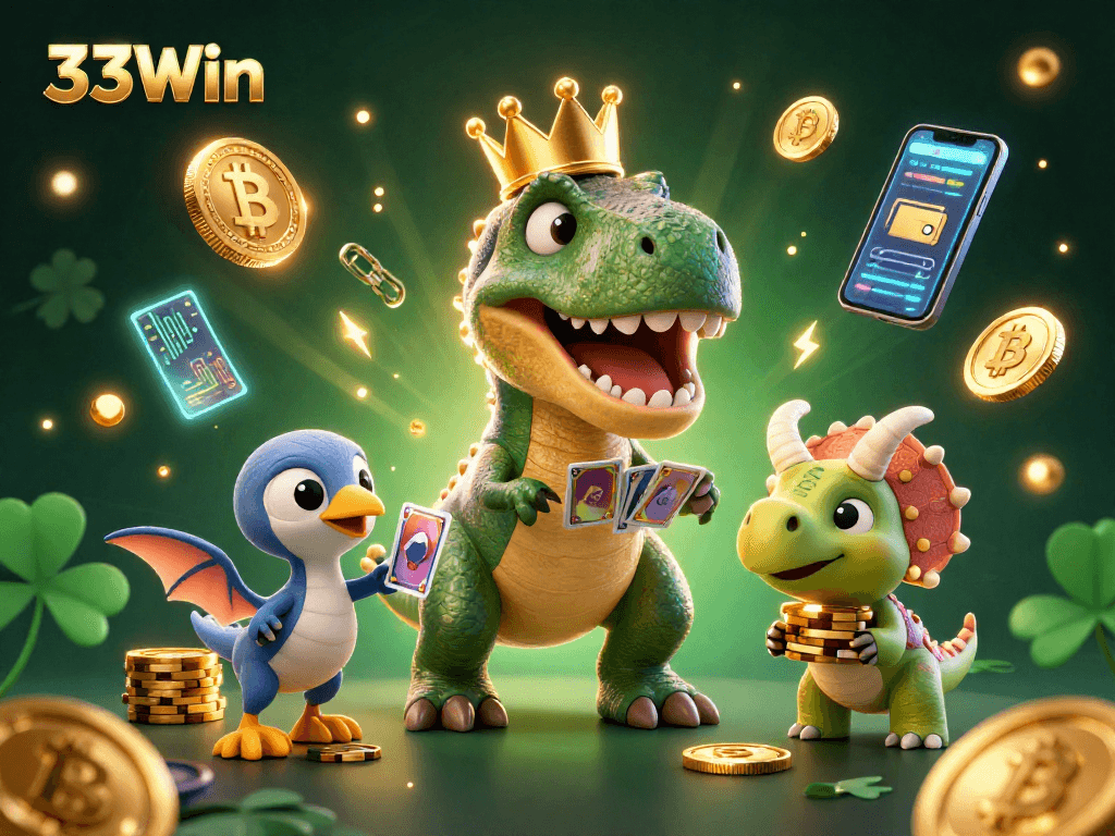 33Win showcases a T-Rex shuffling cards with a pterodactyl and triceratops in a vibrant crypto casino.
