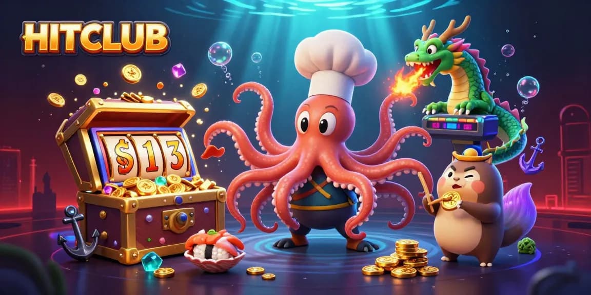 Spin the HITCLUB slots with a cartoon octopus and dragon in an action-packed casino scene.