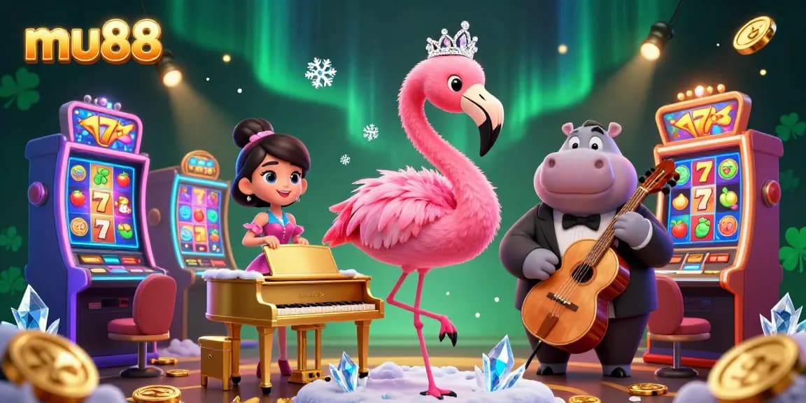 Experience mu88's vibrant casino atmosphere with a flamingo singer and hippo bassist amidst slot machines.