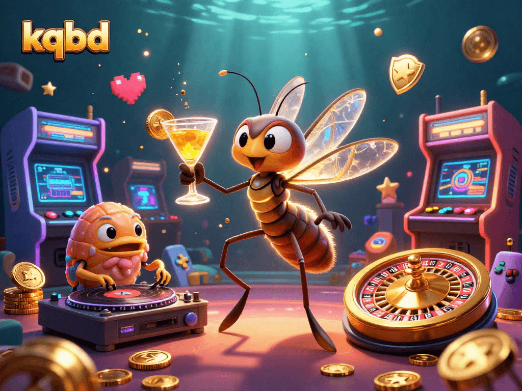 Engage in thrilling kqbd live scores as a mascot enjoys a golden cocktail amidst colorful gaming elements.