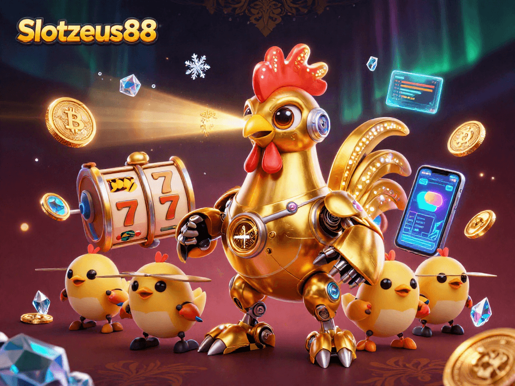 Experience Slotzeus88 with vibrant slot elements and futuristic characters in a dynamic casino scene.