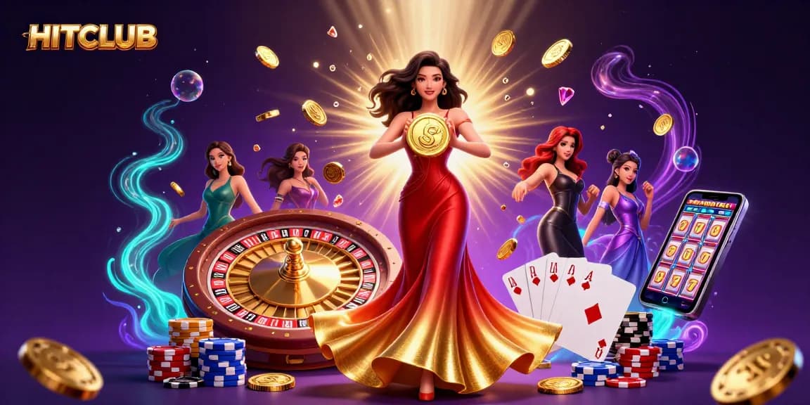 HITCLUB features a stunning woman with golden coins, embodying the excitement of online gambling.