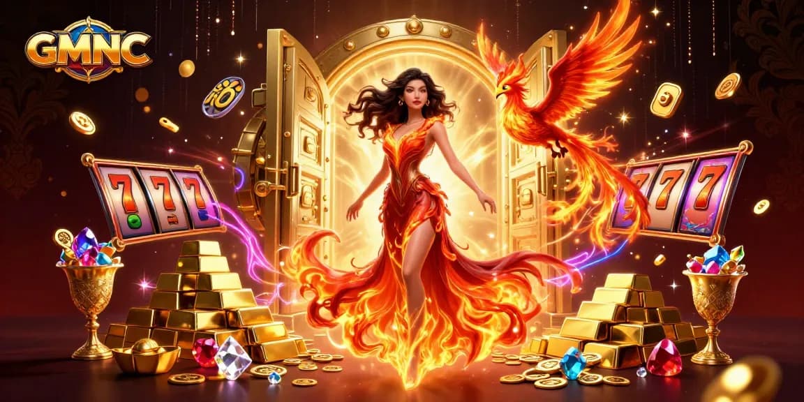 Experience GMNC's thrilling slots with an enchanting scene filled with treasures and magic.