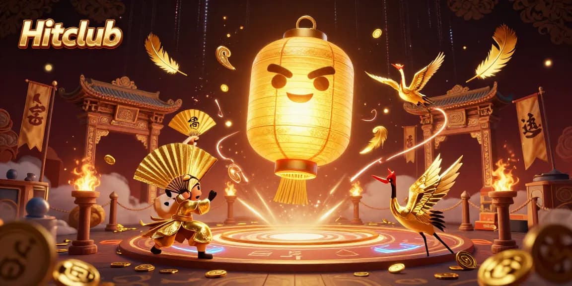 Engage with Hitclub at a vibrant casino featuring golden lantern spirits and festive gaming elements.