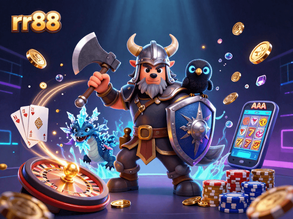 Experience excitement with rr88 in a vibrant 3D Viking casino scene featuring games and treasure.