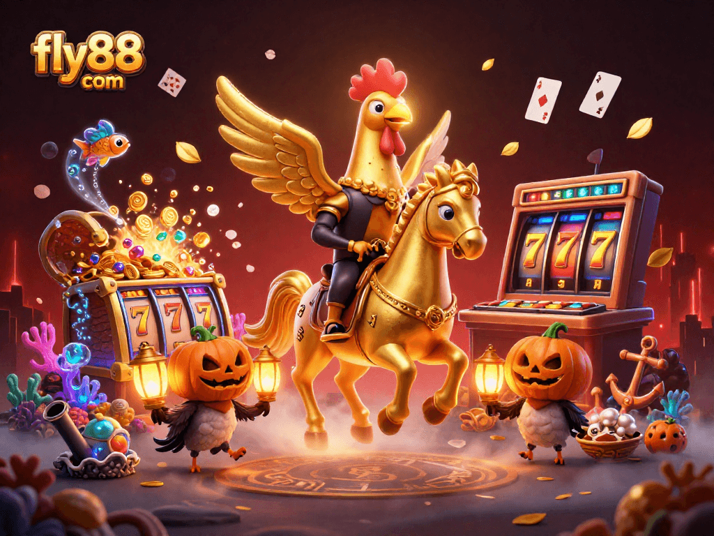 Experience the thrilling atmosphere of fly88 com with a golden rooster and friends in a vibrant digital casino.