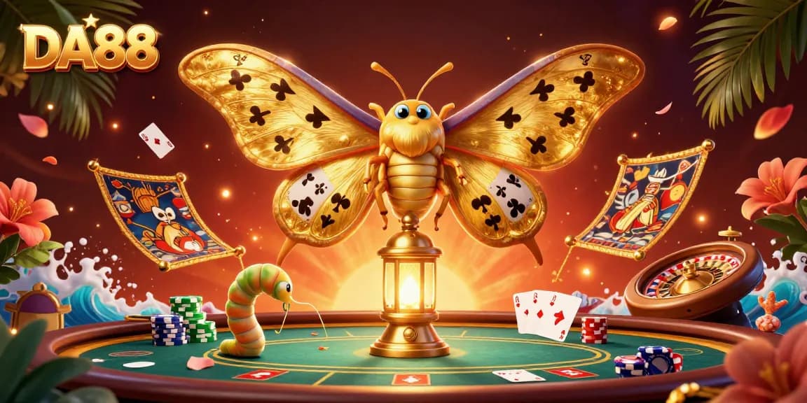 Experience the thrill of DA88 with vibrant 3D poker elements illuminating a casino scene.