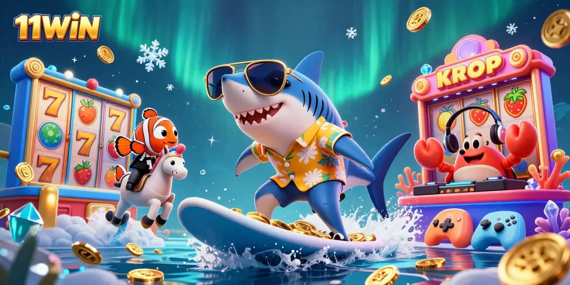 Experience thrilling gameplay with 11WIN in a vibrant casino-themed underwater world filled with colorful characters and game elements.