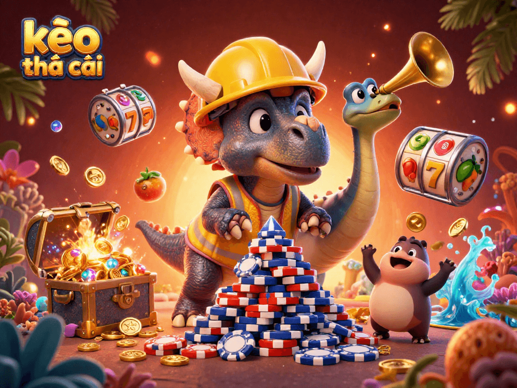 Experience lively action in kèo nhà cái with cartoon characters celebrating around vibrant casino elements.