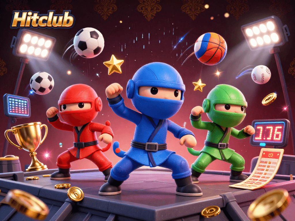 Hitclub sports betting excitement with chameleon ninjas in action surrounded by vibrant elements