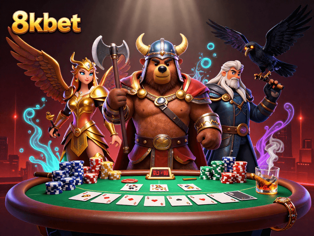 8kbet showcases thrilling poker action with a Viking berserker, Valkyrie, and poker elements in a vibrant scene.