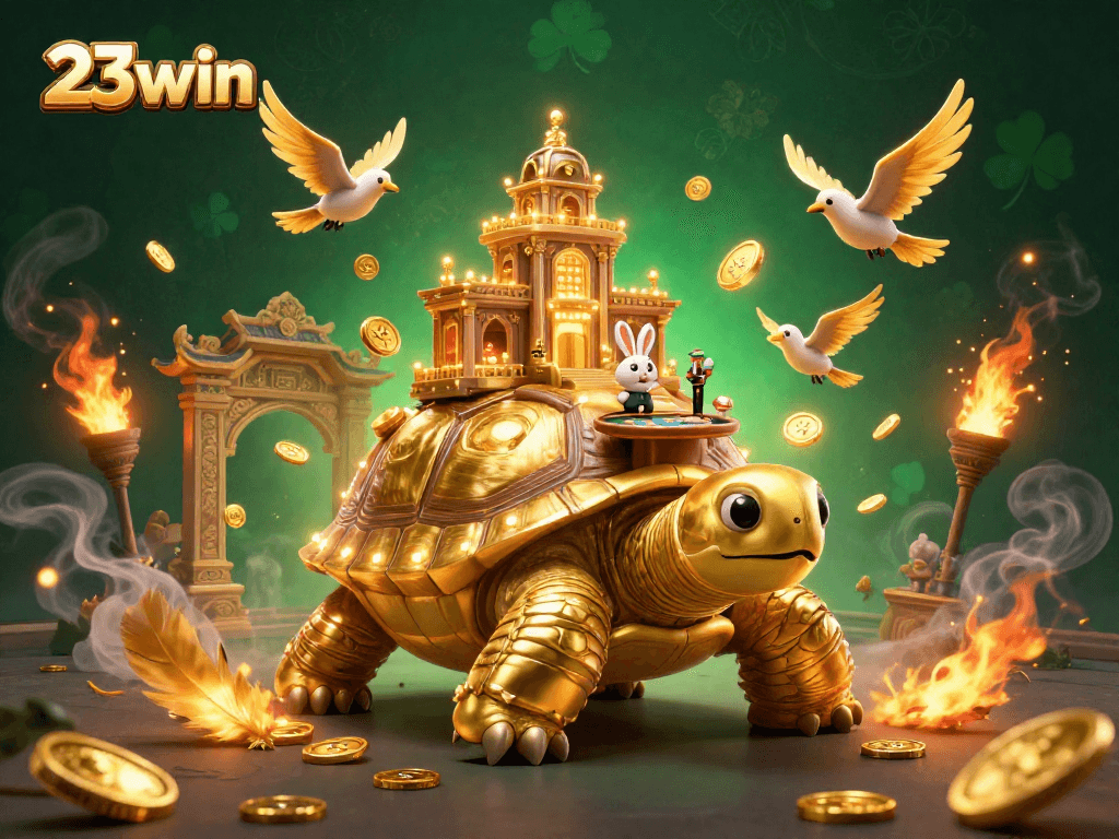 Experience the thrill of 23win with a vibrant casino scene featuring a golden tortoise and a rabbit dealer.