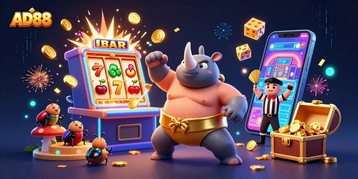 Engage with AD88's vibrant 3D scene of a beetle champion amidst jackpot excitement and gambling elements.