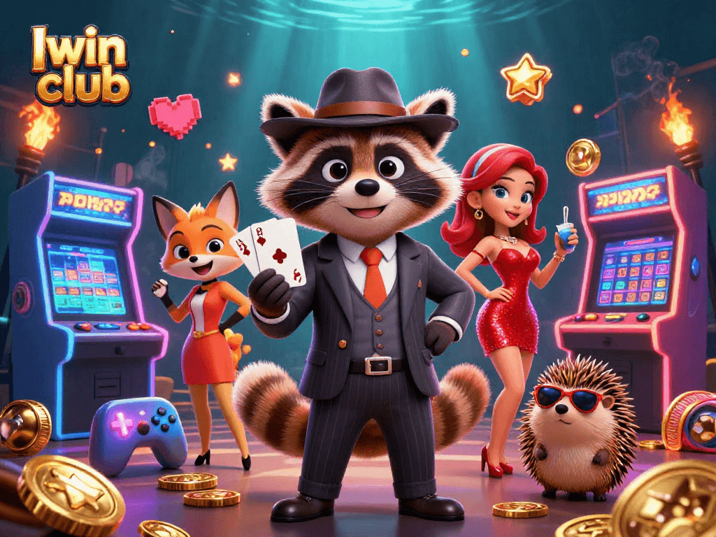 Iwin club scene showcasing a suave raccoon, fox lady, and hedgehog at a lively casino