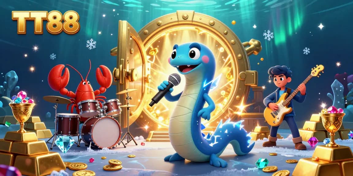 Experience the thrilling underwater world of TT88 with electric eel DJ surrounded by casino treasures.