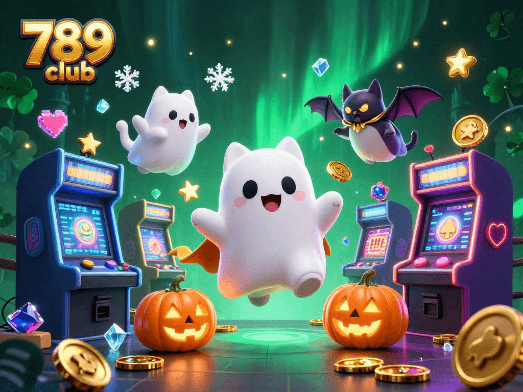 Experience thrilling fun at 789 club with vibrant illustrations of ghost cats and casino elements.
