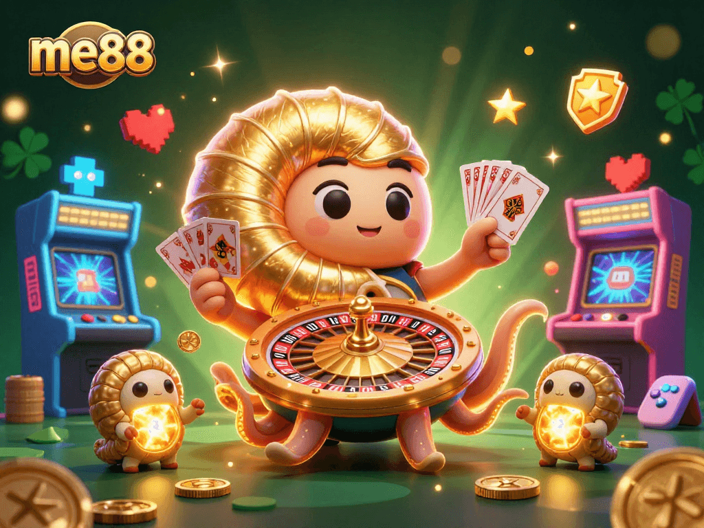 Experience fun and excitement at me88 online casino with a vibrant 3D illustration of games and characters.