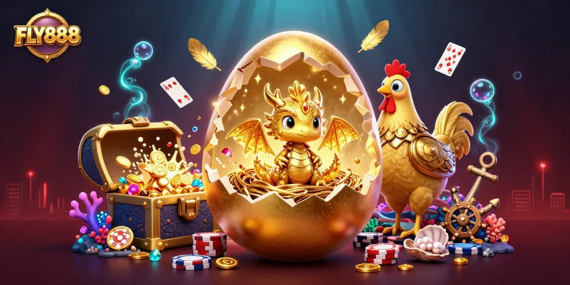 FLY888 showcases a golden dragon revealing poker chips and treasures in vibrant casino-themed style.