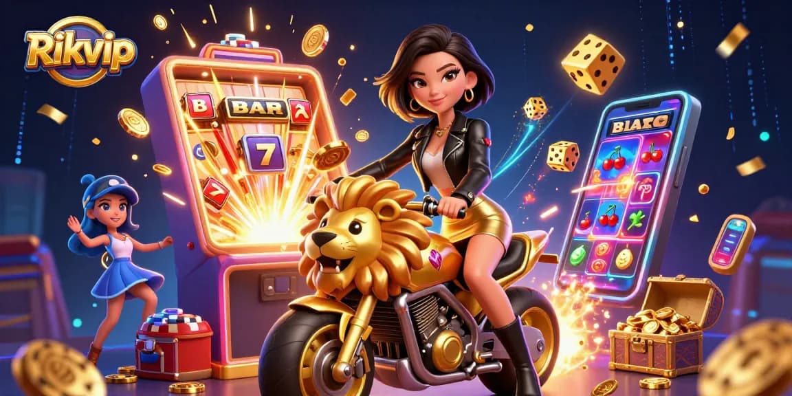 Experience thrilling gameplay at Rikvip with an Asian glam character on a golden lion amidst casino excitement.