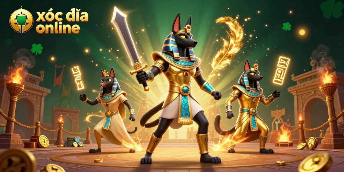 Engage in the thrilling xóc đĩa online with dynamic illustrations of ancient characters and casino elements.