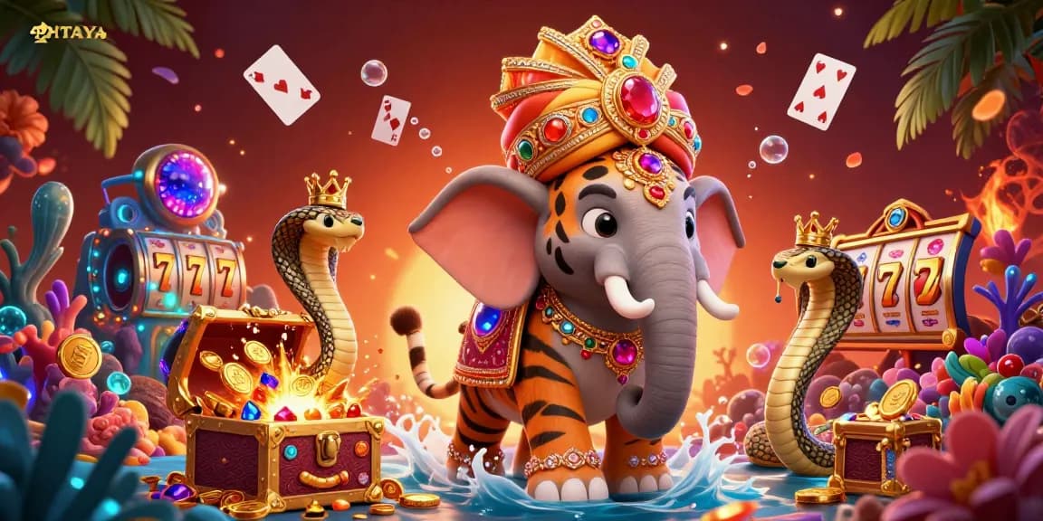 PHTAYA offers a thrilling gaming scene with majestic characters and exciting slots, symbolizing rich casino experiences.