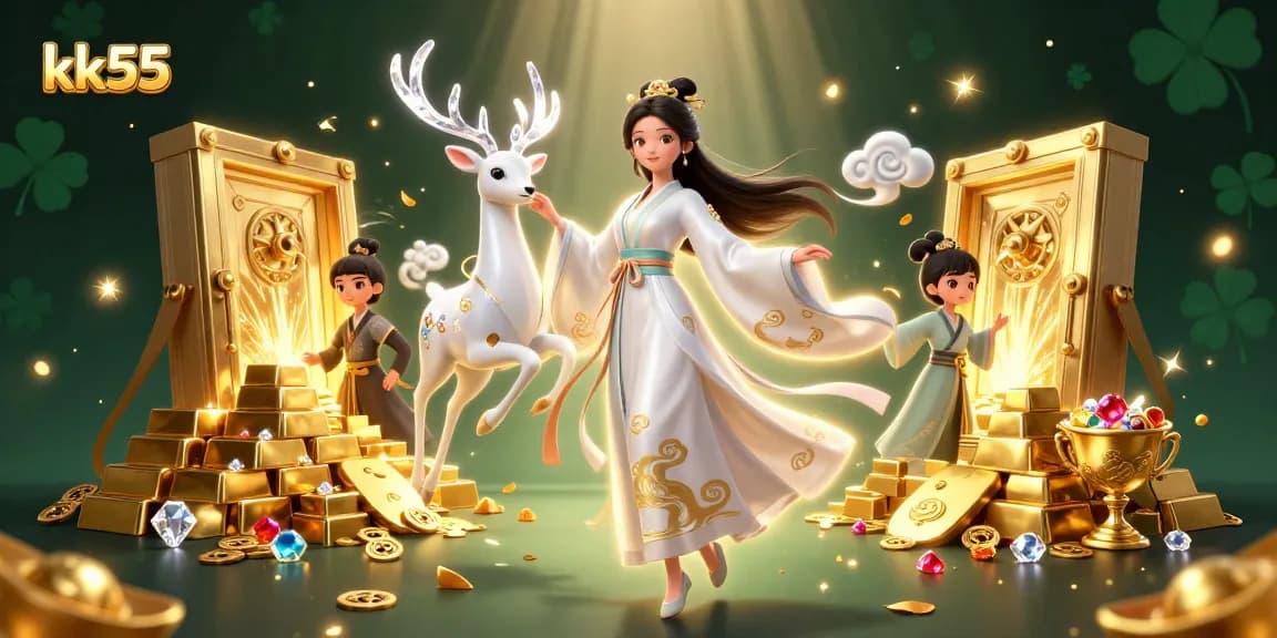Experience the vibrant online gambling world of kk55 with treasures, games, and lively characters.