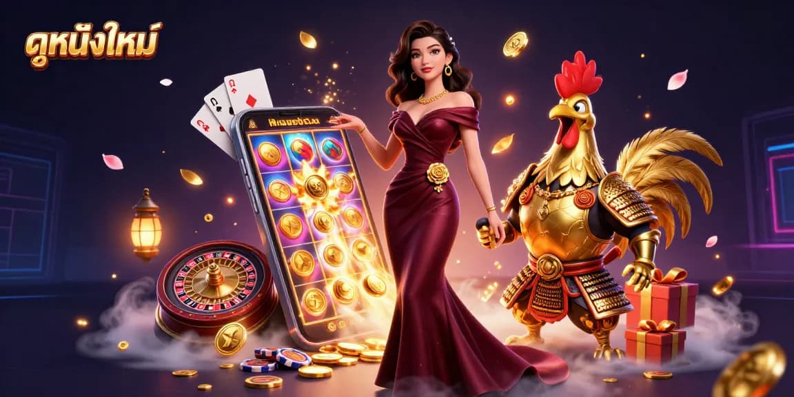 Engage in ดูหนังใหม่ with exciting slot games, golden coins, and vibrant visuals in an electric casino scene.