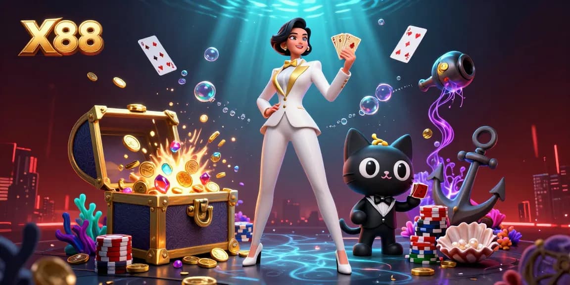 X88 online casino promo featuring a stylish woman in tuxedo shuffling cards with casino elements.