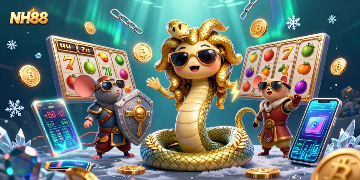 Experience NH88's exciting casino action with Medusa and a shielded mouse amid vibrant jackpot symbols.