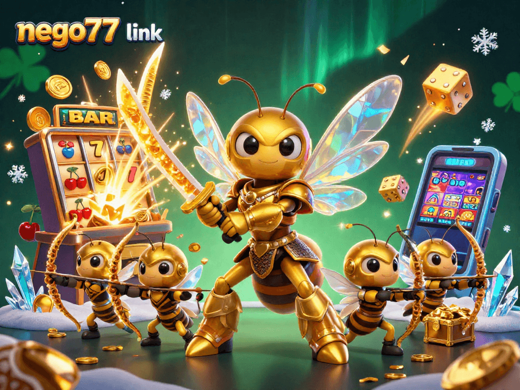 Play exciting games with the nego77 link in this vibrant 3D casino illustration.
