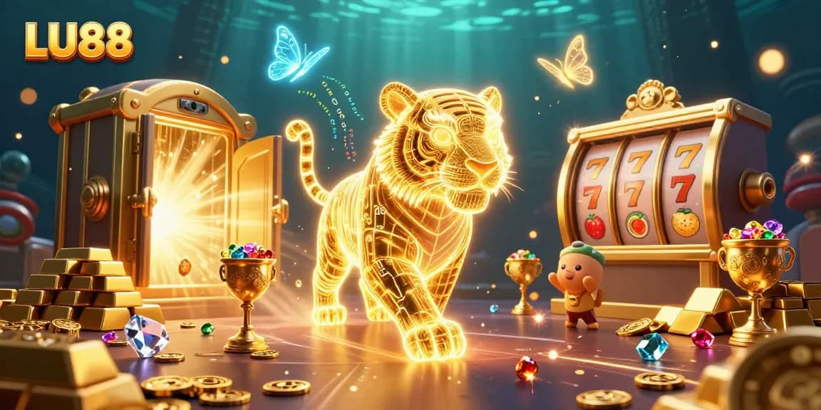 LU88 enhances excitement with a golden tiger prowling a dynamic digital casino scene.