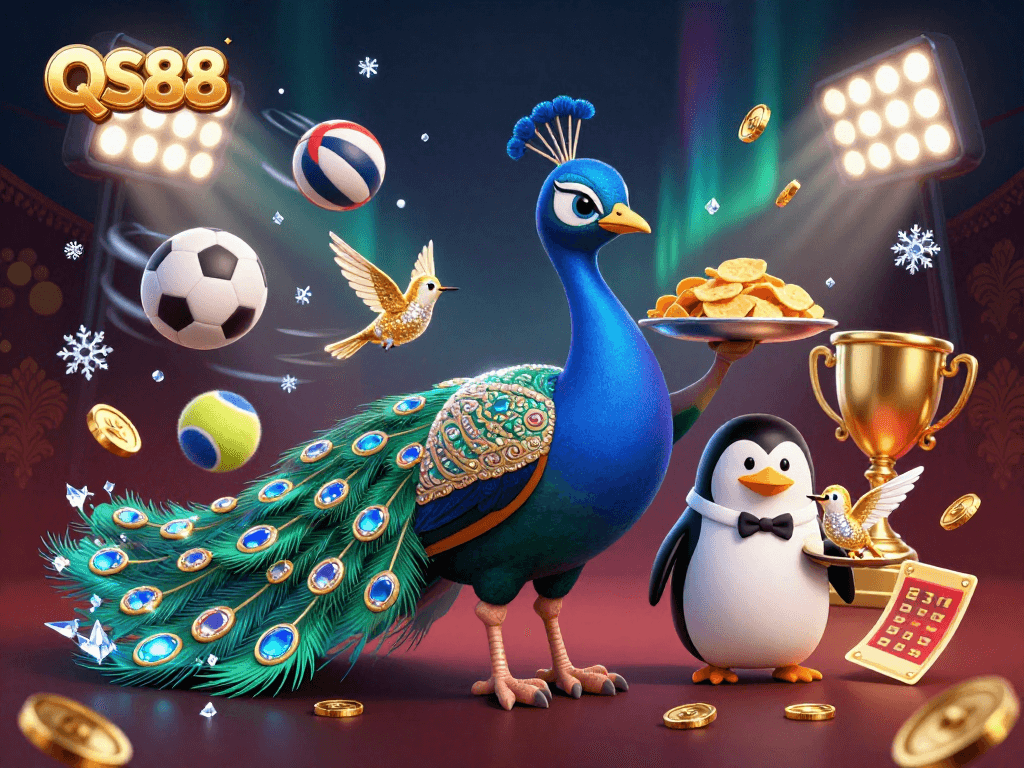 Experience the thrill of QS88 casino with royal characters and dynamic gaming elements in a vibrant scene.