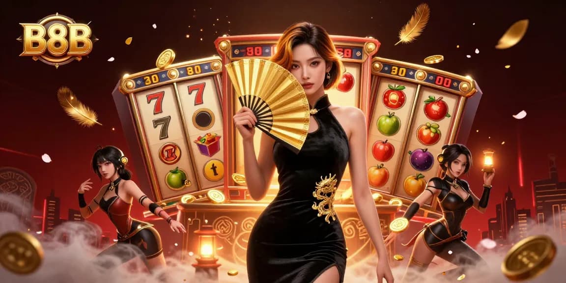 Engage in B8B casino slots with stunning visuals of a woman in a velvet dress and dynamic gaming elements.