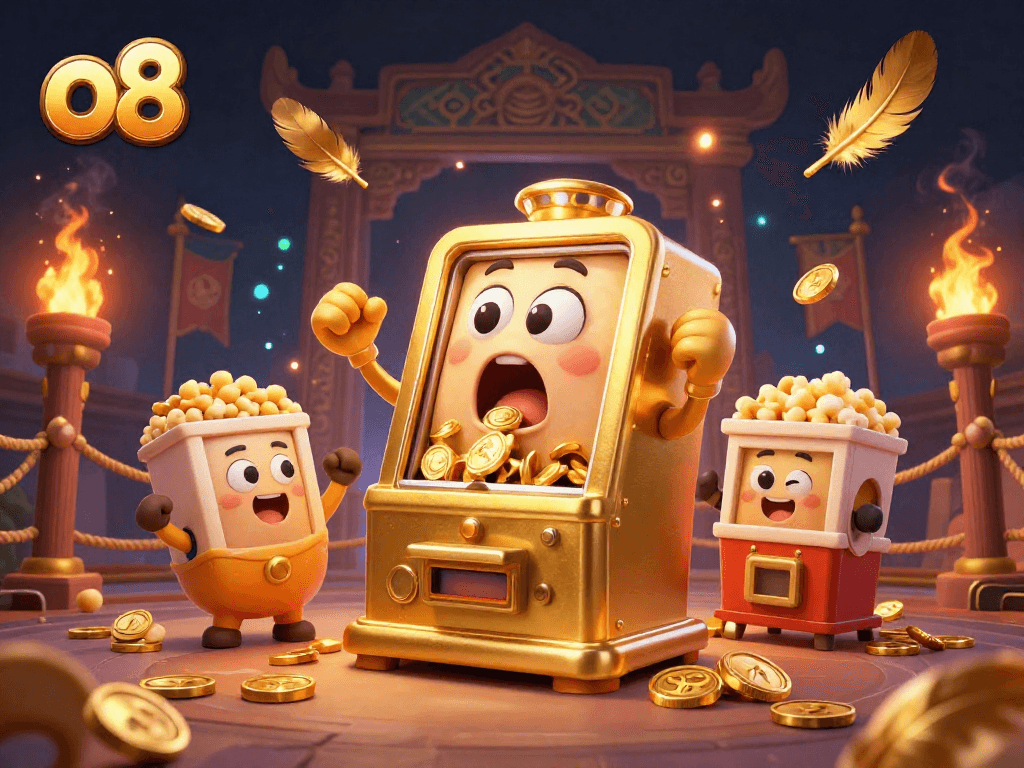 Exciting gameplay at o8 with a golden slot machine celebrating a jackpot surrounded by cheering mini slots.