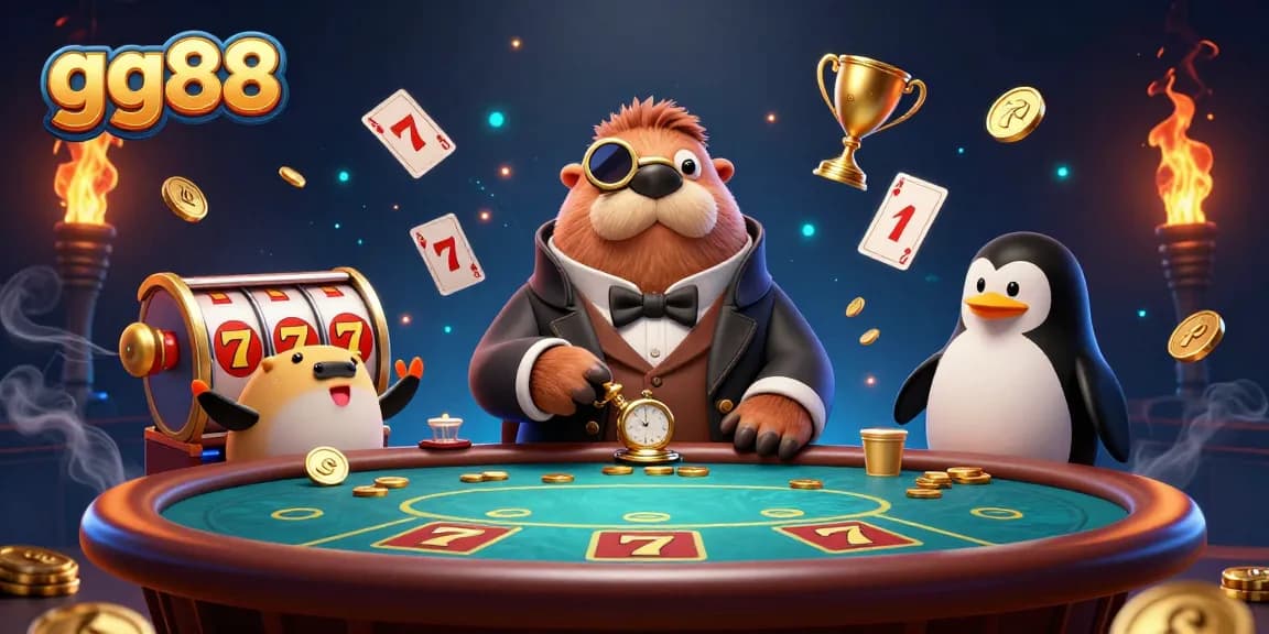 Experience thrilling casino action at gg88 with jolly walrus, penguin dealer, and pufferfish at an underwater poker table.