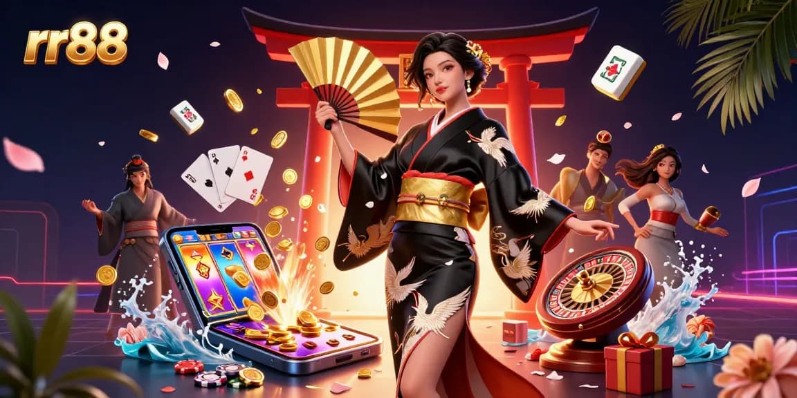 Experience excitement with rr88's vibrant casino gaming scene, featuring elegant characters and dynamic elements.