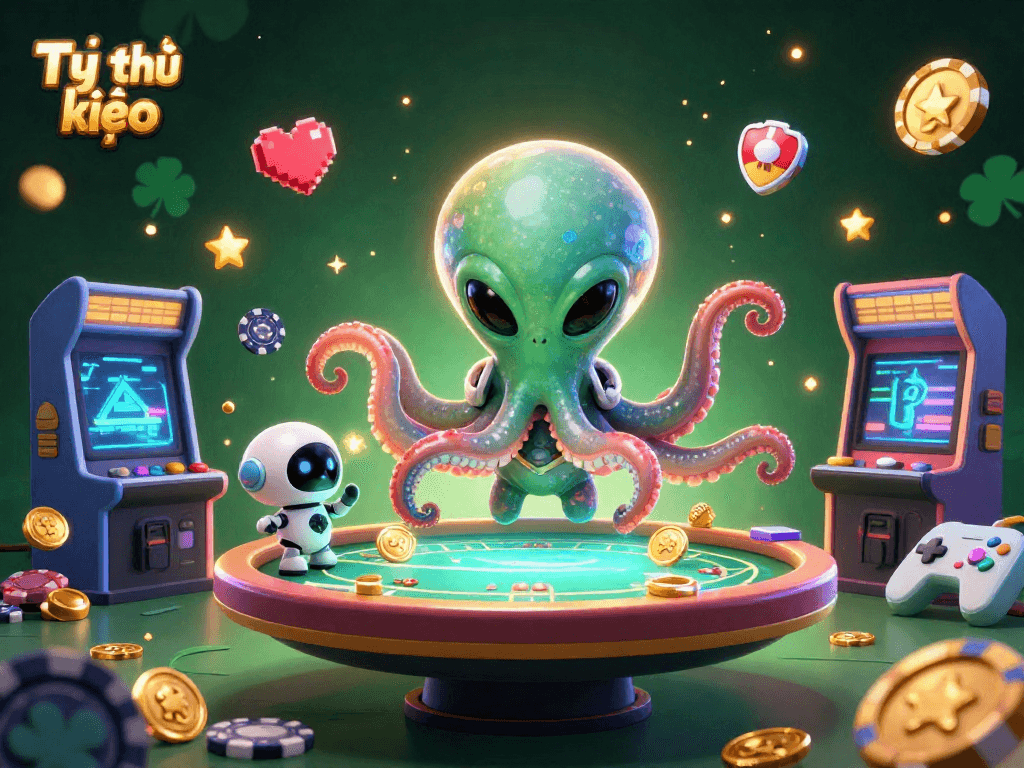 Engage in Tỷ lệ kèo with a vibrant alien octopus at a holographic poker table amidst dynamic game elements.
