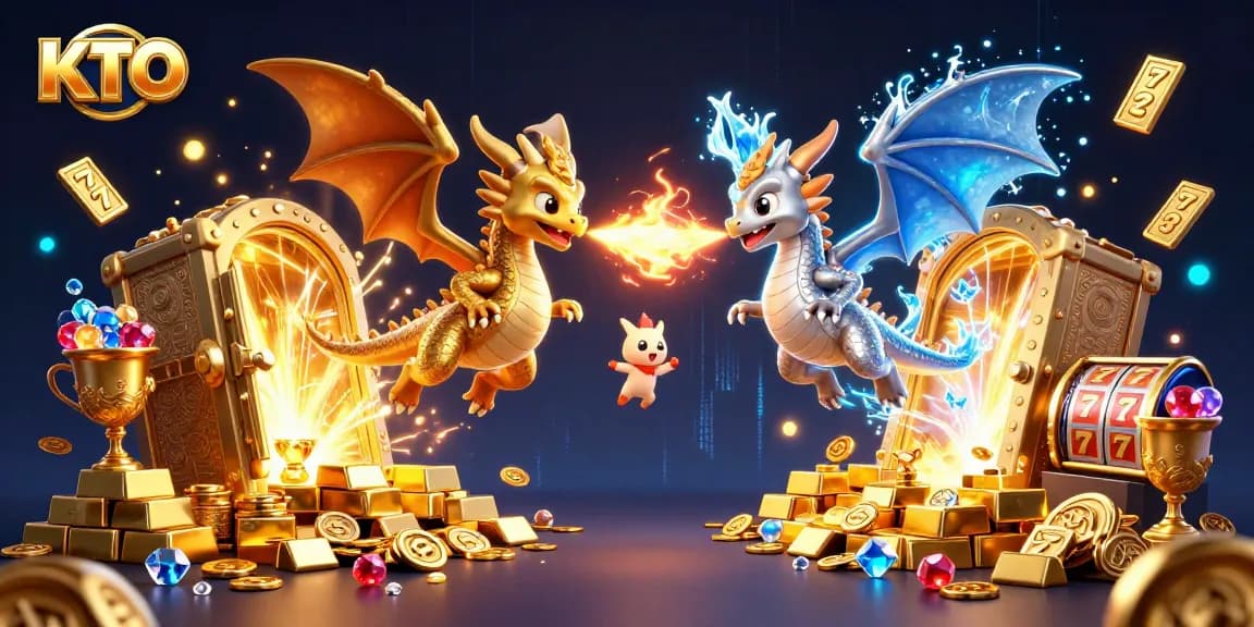 KTO showcases a dynamic casino scene with dragons, treasures, and vibrant gaming elements.