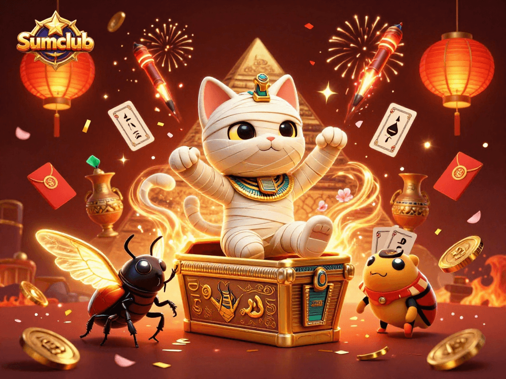 Experience thrilling gameplay at Sumclub with an exciting Egyptian-themed casino scene featuring dynamic characters and vibrant elements.