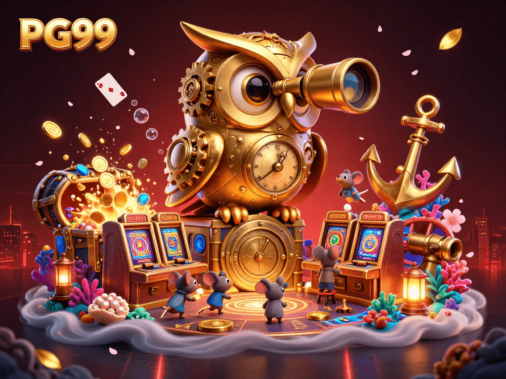 Experience PG99's dynamic casino floor with a golden owl and animated characters amidst vibrant gaming elements.