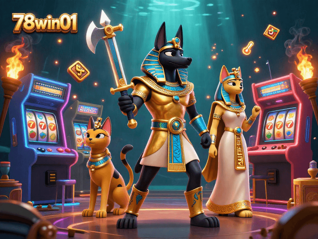 Experience the thrill of 78win01 with an engaging Egyptian-themed casino scene featuring Anubis and Bastet.